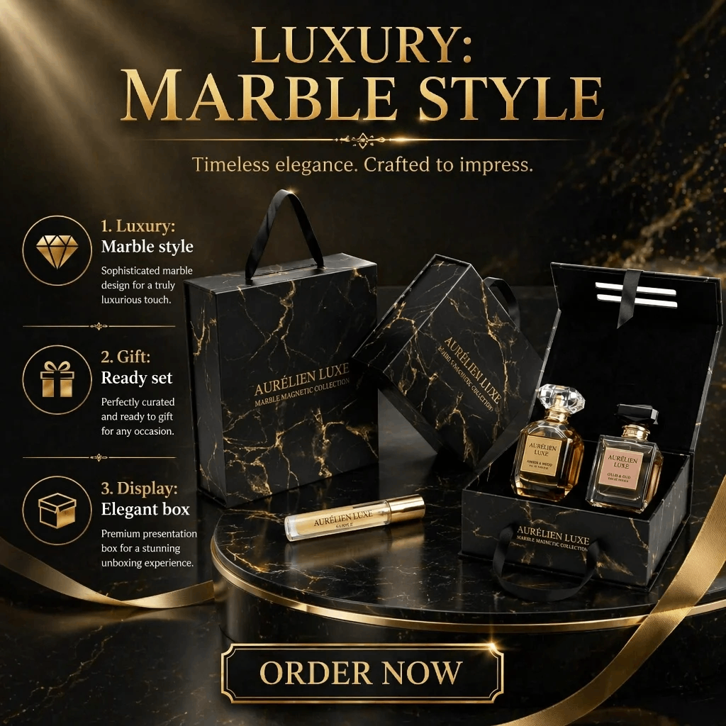 Luxury black gold marble perfume gift set promotional banner