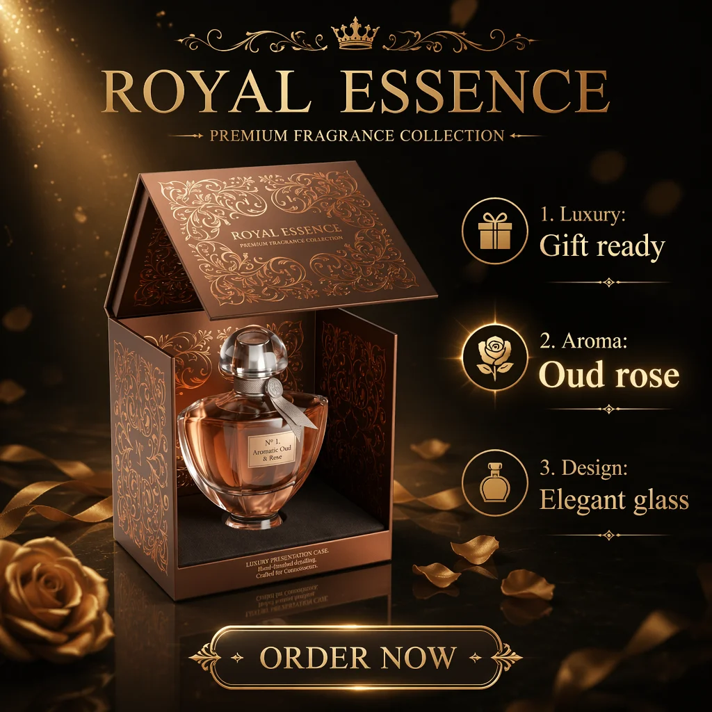 Royal Essence oud rose perfume luxury packaging promotional banner