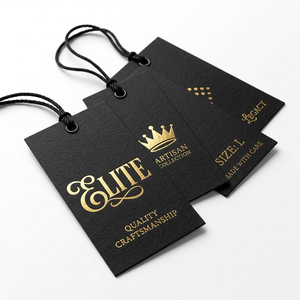Black crown logo gold print swing tags