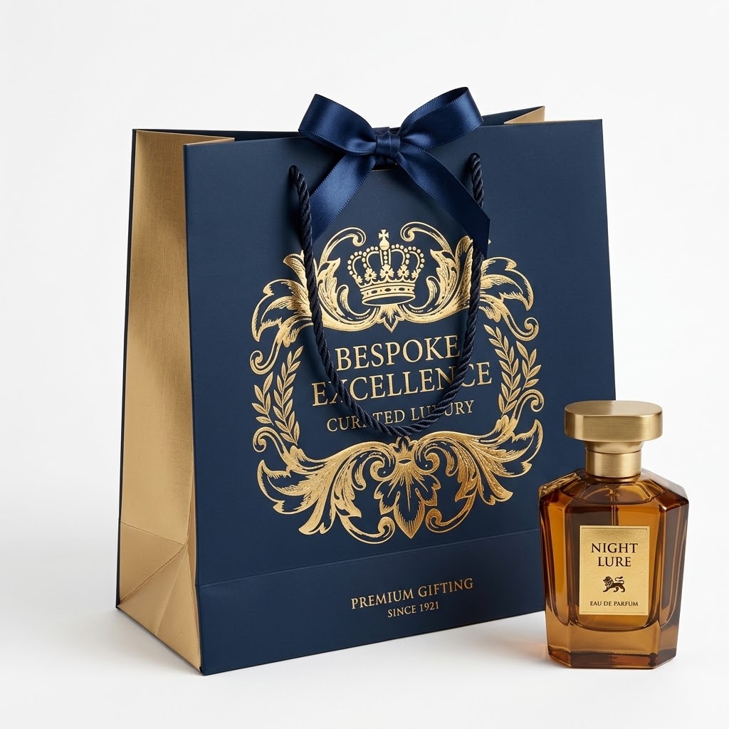 Blue luxury paper bag with perfume