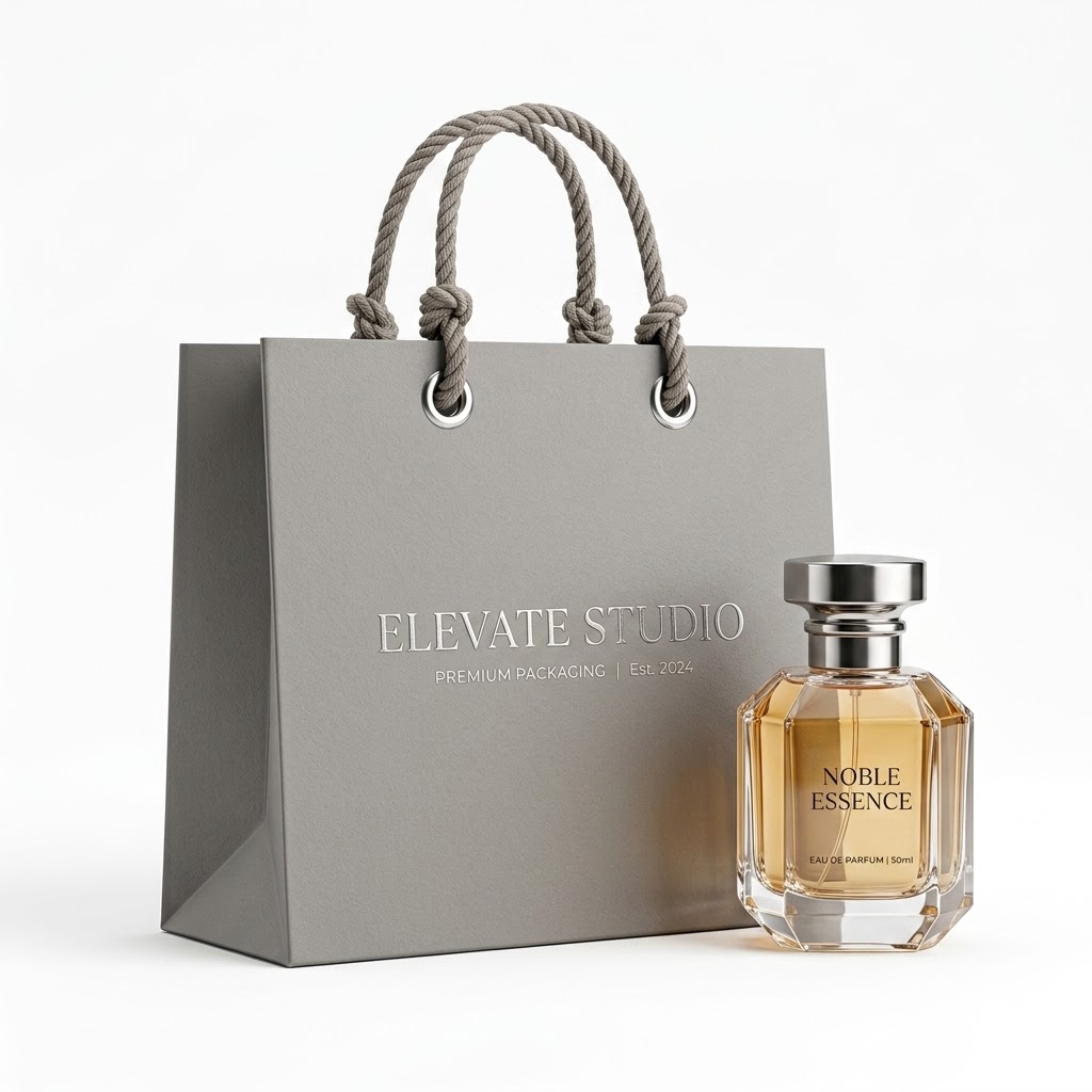 Grey luxury shopping bag with perfume